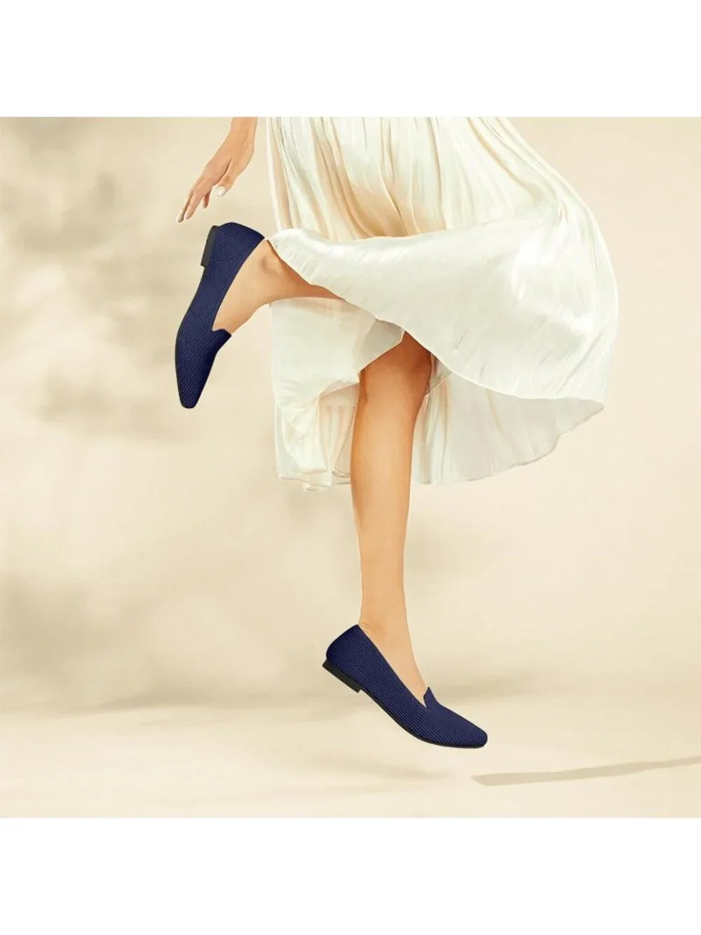 Women's Navy Pointed Toe Knit Ballet Flats Washable Important Work Shoes